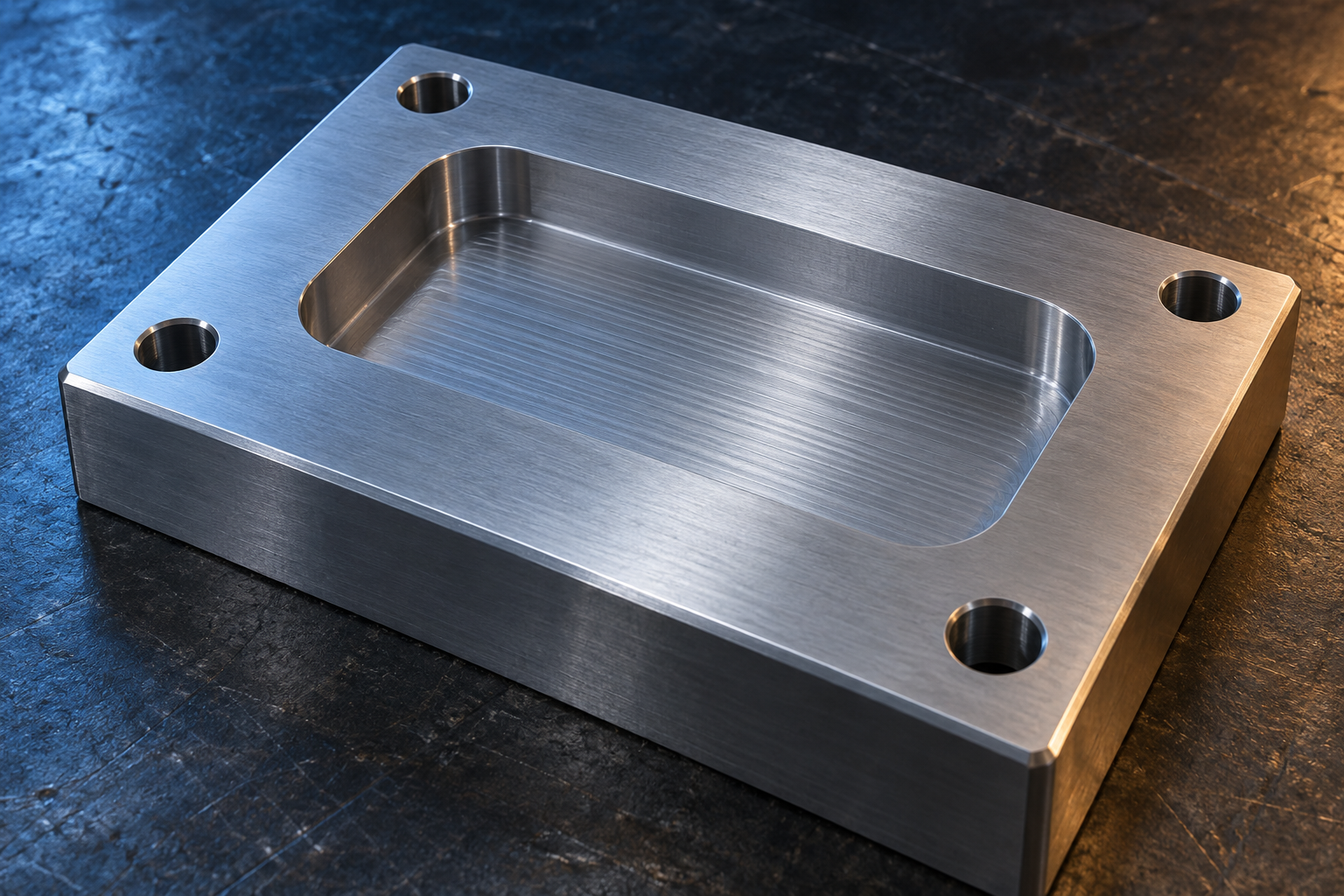 Illustrative, geometrisch plausible gefräste Aluminiumplatte mit offener Tasche und vier Eckbohrungen